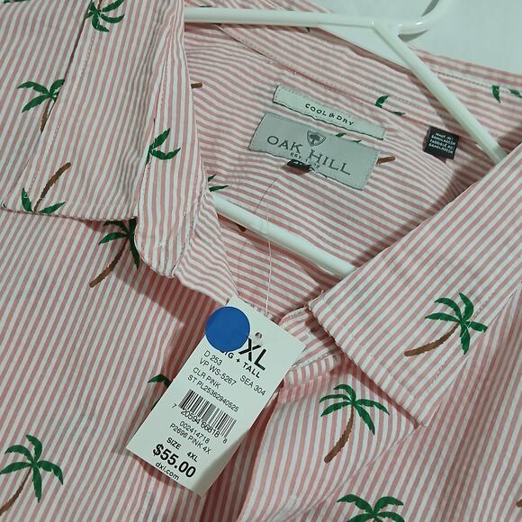 NWT Oak Hill Men's 4XL Pink Striped Palm Tree Seersucker Short-Sleeved Shirt - Picture 1 of 14